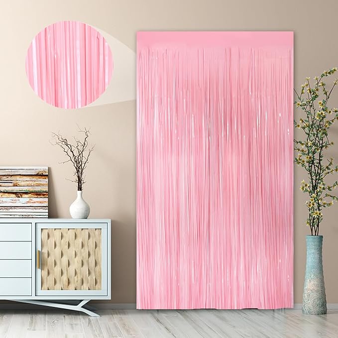 2Pack Pastel Pink Metallic Tinsel Foil Fringe Curtains, 3.3 X 8.3ft Pink Party Streamers Backdrop Curtains for Birthday Party Decorations, Halloween Decor, Foil Curtain Backdrop for Bachelorette Party