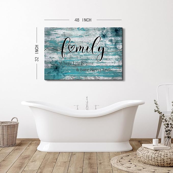 Large Family Wall Art Turquoise Wall Decor for Kitchen Inspirational Saying Canvas Prints Where Life Begins Love Never Ends Signs Picture Vintage Farmhouse Painting Artwork Home Decoration 32x48"