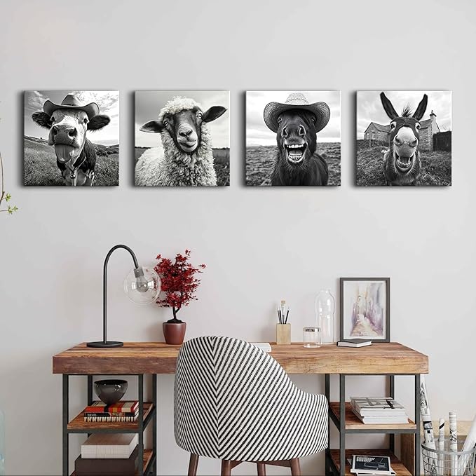 Black and White Funny Animals Wall Art Farmhouse Cow Sheep Donkey Horse Pictures Wall Decor for Kitchen Bedroom Living Room Farm Country Canvas Prints Cowboy Poster Artwork Home Decoration 12x12” 4Pcs
