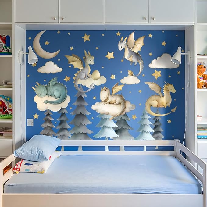 Dragon Wall Stickers,Peel and Stick Colorful Flying Dragon,White Clouds, Stars.Tree Self-Adhesive Mural,Removable Wall Sticker for Living Room Baby Nursery Kids Room Wall Decor (Large Dragon Decal)