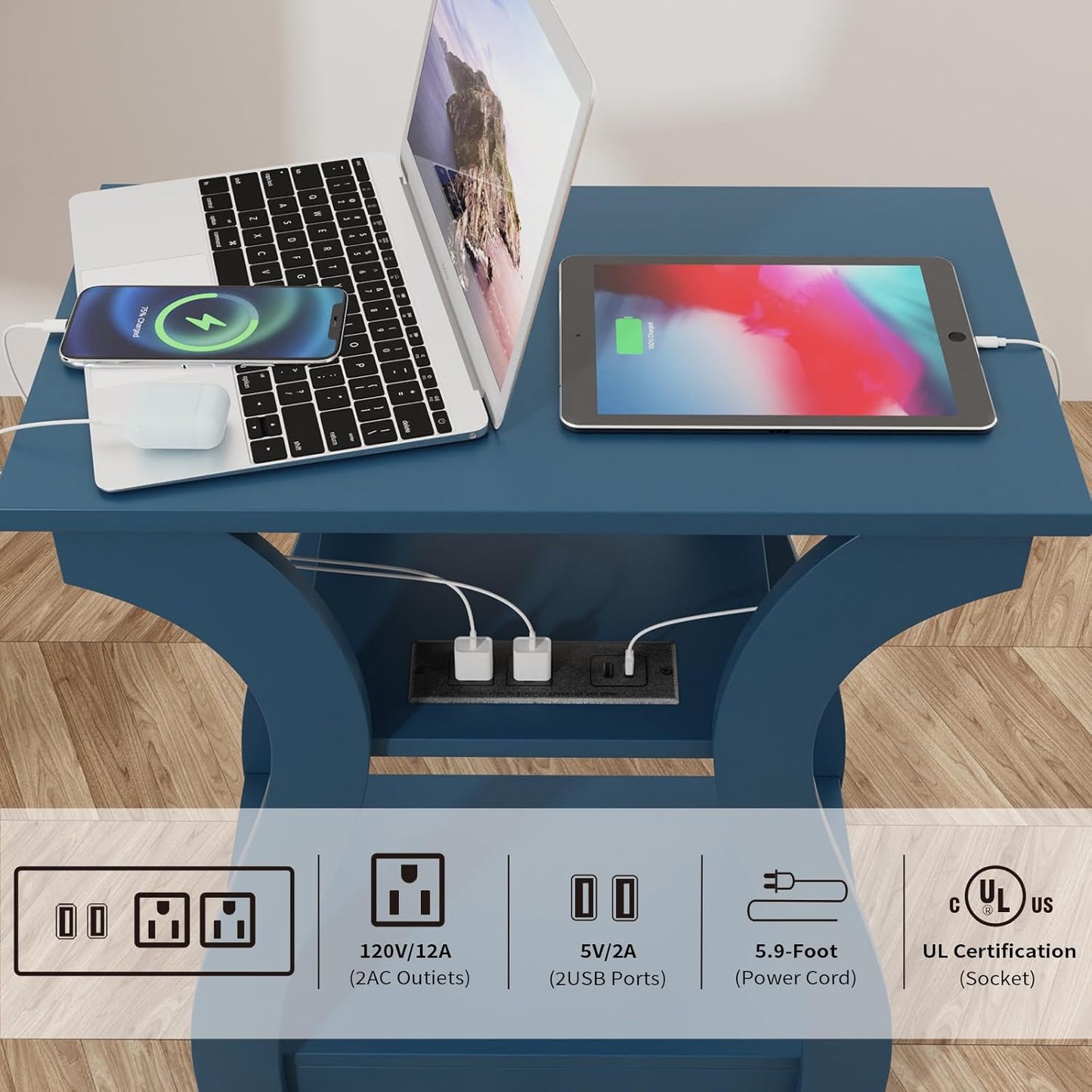 End Tables Living Room, End Table end Table with Charging Station and USB,Navy Blue Side Table, Nightstand for Bedroom,3 Tier End Table with Storage Shelf for Living Room