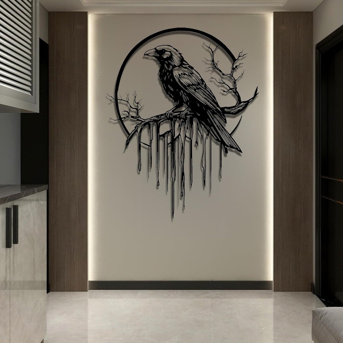 Crow Metal Wall Decor, Raven Wall Art, Large Gothic Raven Decor Hangings, Bird Wall Decor, Metal Tree Branch Decor, Ravens Sign, Raven Art for Living Room (Gold, 19"x15" | 47x38cm, metal wall art)