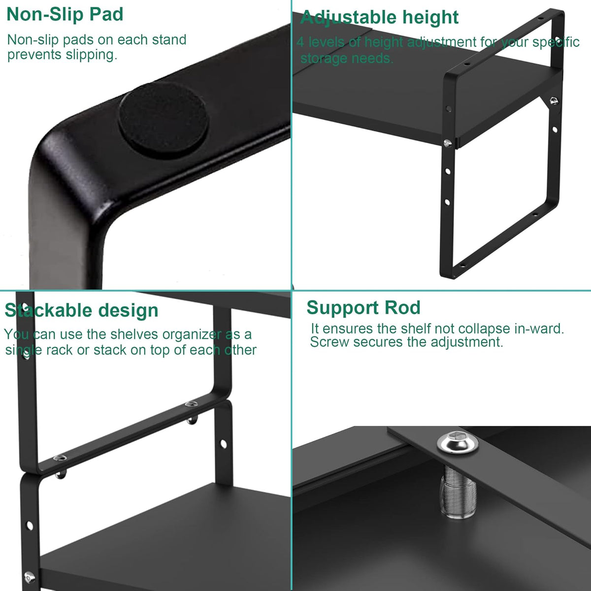 iPEGTOP Expandable Cabinet Storage Shelf Organizer, Heavy Duty Steel Metal Spice Rack Adjustable Height Home Office Garage Pantry Shelf Space Riser for Counter Kitchen Organization, Black, 1 Pack