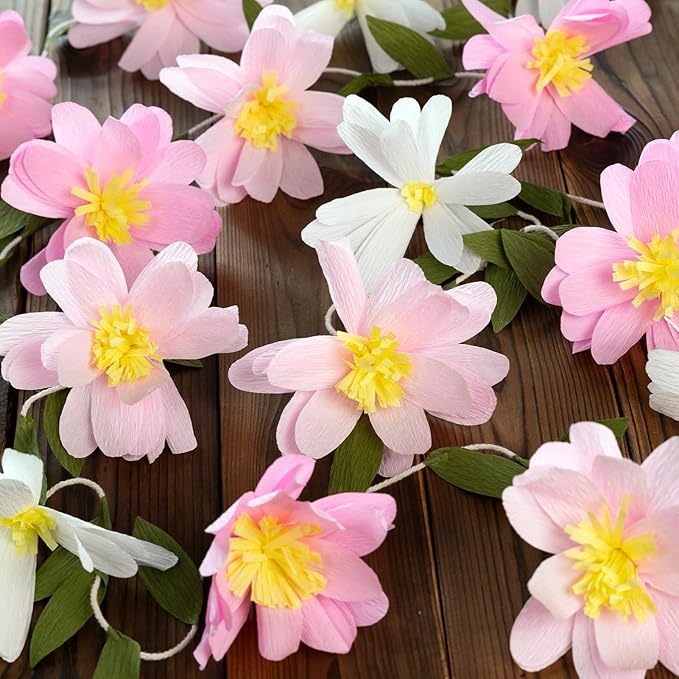 EASY JOY Crepe Paper Flowers Banner White Gradient Pink Flower Banners Spring Hanging Paper Floral Leaves Garland for Spring Birthday Wedding Home Decorations