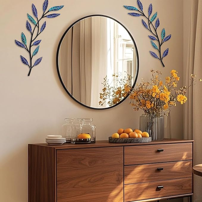 Metal Tree Leaf Wall Decor 2 PCS Rustic Vine Branch Leaf Wall Art for Living Room Bedroom Bathroom Decorations - Frosted Starlight