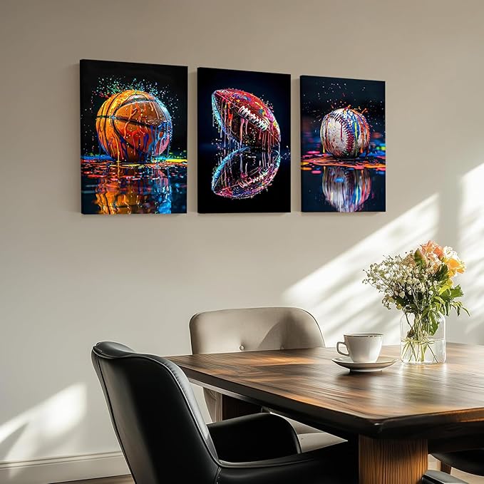 Sports Wall Art Set of 3, Retro Basketball Rugby Football Baseball Canvas Prints, Graffiti Style Print Artwork Ball Painting Wall Decor for Boys Bedroom Game Room Living Room Home Decor12x16 in Framed