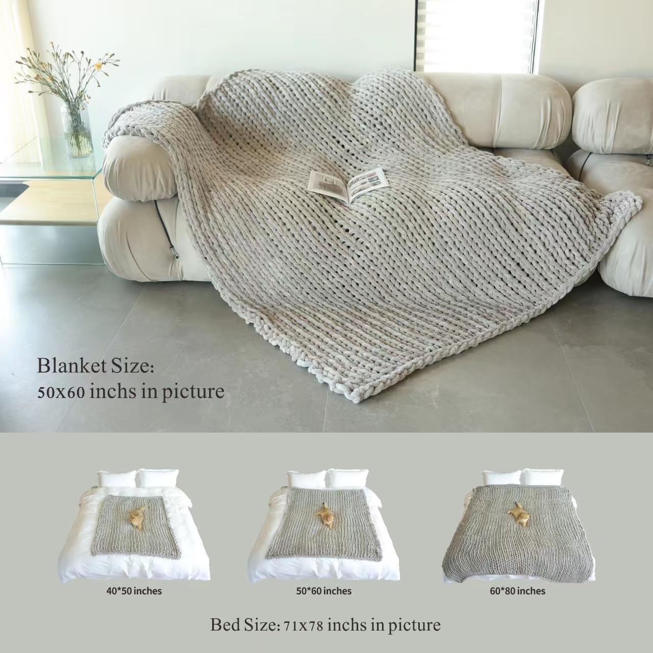 Maetoow Tighter Version Chenille Chunky Knit Blanket Throw 50×60 Inch, Handmade Warm & Cozy Blanket Couch, Bed, Home Decor, Soft Fleece Banket, Boho Thick Blankets and Giant Yarn Throws,Olive Green