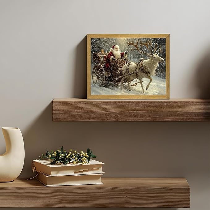 Wood Framed Vintage Santa Claus Sleigh Wall Art, Classic Christmas Reindeer Canvas Print Painting, Christmas Wall Decor Ornaments Picture for Living Room Bedroom Kitchen Xmas Home Decor 8x10 Inch