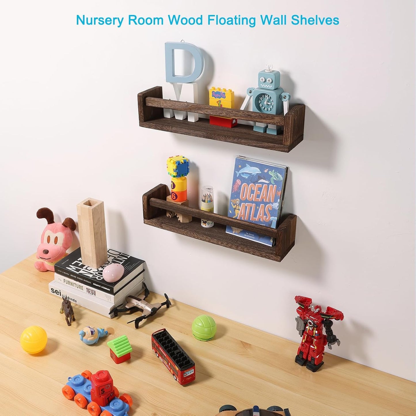 Nursery Book Shelves, Set of 2 Wood Floating Book Shelves for Kids Room, Kitchen Spice Rack, or Rustic Wall Mounted Shelves for Farmhouse Bathroom Decor (Carbon Brown)