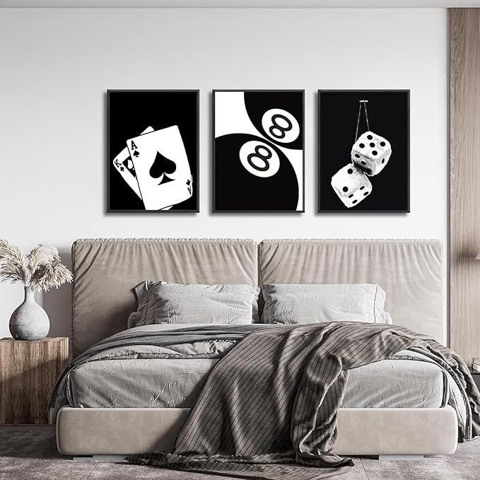 3Pcs Black and White Poker Dice Canvas Wall Art Lucky You Poster Prints Trendy Funky Preppy Y2K 8 Ball Pictures Artwork Aesthetic Painting for Game Room Apartment Dorm Decor 16x24in Unframed