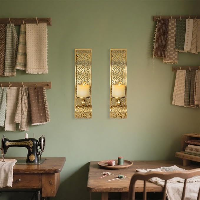 Gold Candle Sconces - Metal Wall Candle Holders for Living Rooms hallways Decorative Set of 2