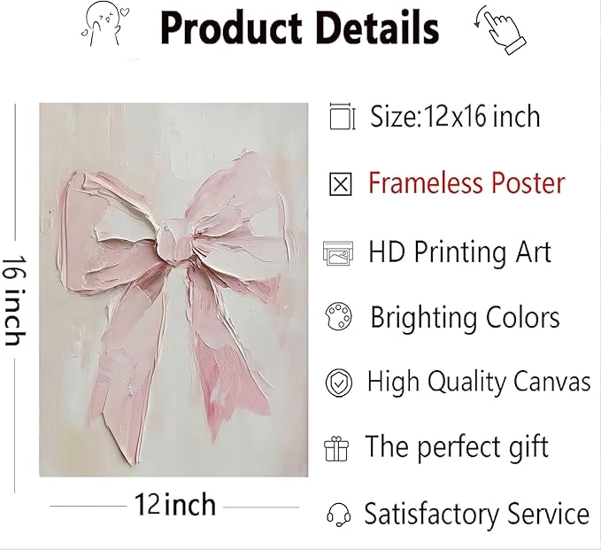 3Pcs Trendy Pink Bow Canvas Wall Art Vintage Cute Preppy Watercolor Bow Painting Pictures Wall Decor Posters Prints Girly Aesthetic for College Apartment Bedroom Decoration Unframed