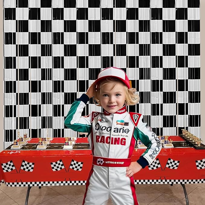 Race Car Birthday Party Streamers Backdrops Decorations, 6 Pcs Checkered Black White Foil Fringe Curtain Photo Booth Props for Racing Cars One Happy Dude Party Decor Supplies