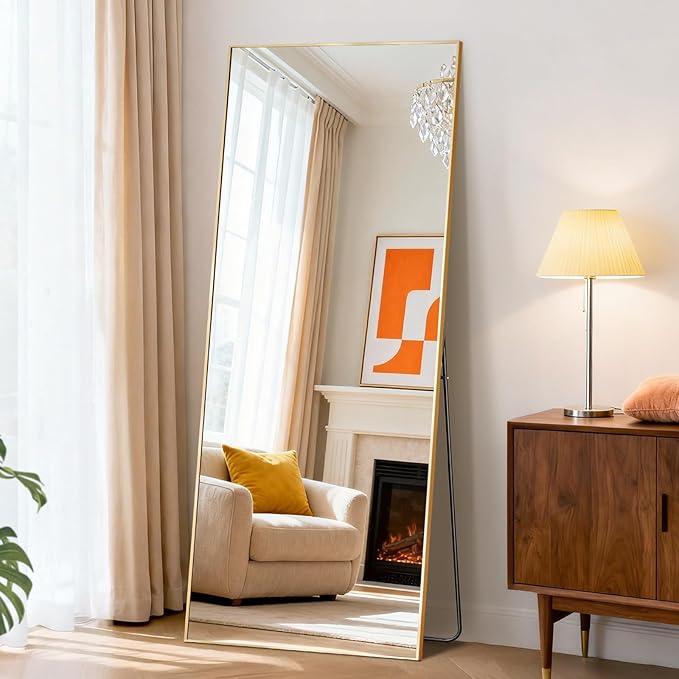DUMOS Full Length Mirror with Stand, 56"x21" Floor Mirror with Aluminum Alloy Frame for Bedroom, Standing Full Body Mirror with Shatter-proorf Nano Glass for Wall, Living Room, Cloakroom, Gold