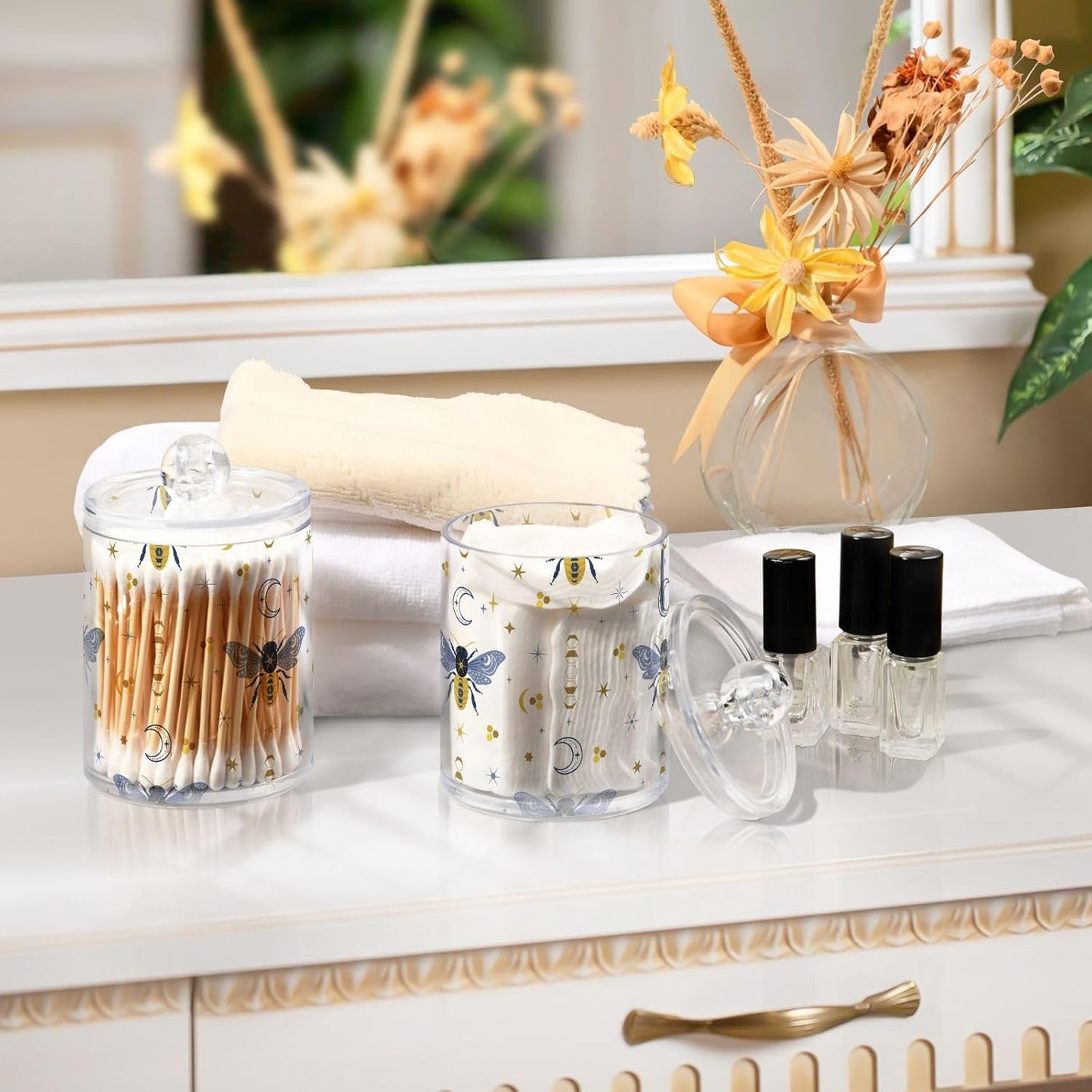 2 Pack Qtip Holder Organizer Dispenser Bee Boho Honeybee Insect Bathroom Storage Canister Cotton Ball Holder Container for Cotton Pads/Swabs/Floss