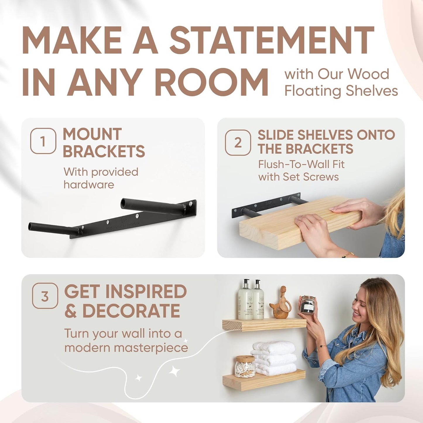 Homeforia 12 inch Natural Floating Shelf, High End Solid Real Wood 12inch Small Floating Shelves for Wall Mounted, Natural Wooden Floating Shelves, Heavy Duty Bracket, 12 X 6.5 X 1.75 in, Set of 3