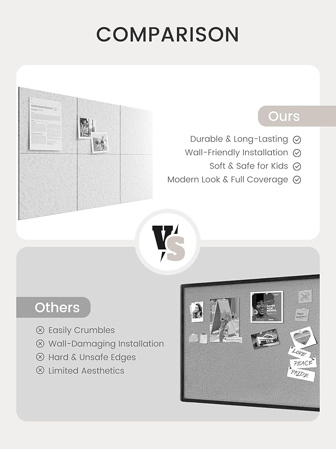Bumusty Large Cork Board 36" x 24" Alternative - 6 Pack Felt Wall Tiles with 40 Safe Removable Adhesive Tabs, 30 Pushpins, Cork Boards for Walls Pin Board Bulletin Board Office Decor (Light Gray)