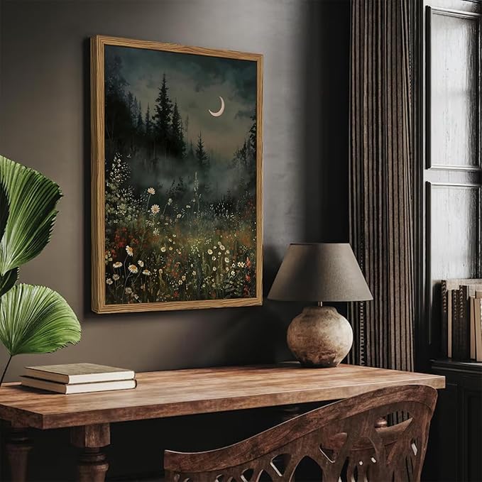 Vintage Moonlit Forest Wall Art Crescent Moon Forest Wildflower Gothic Canvas Prints Landscape Aesthetic Pictures Wall Decor for Living Room Bedroom Offices 12x16 inch Framed