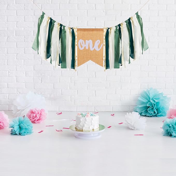 Wild Safari Jungle Highchair Banner for 1st Birthday Decorations - Dark Green Burlap Banner with Adjustable Twine, Cake Smash Photo Props, Woodland Theme Party Decor for Boys & Girls