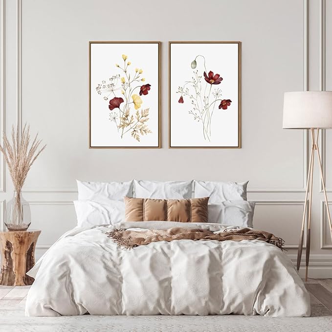 Watercolor Botanical Wall Art Prints Burgundy and Yellow Flower Pictures Wall Decor Colorful Floral Plants Painting Framed Aesthetic Poster for Home Office Kitchen Decoration 2 Pieces Set - 16x24 Inch