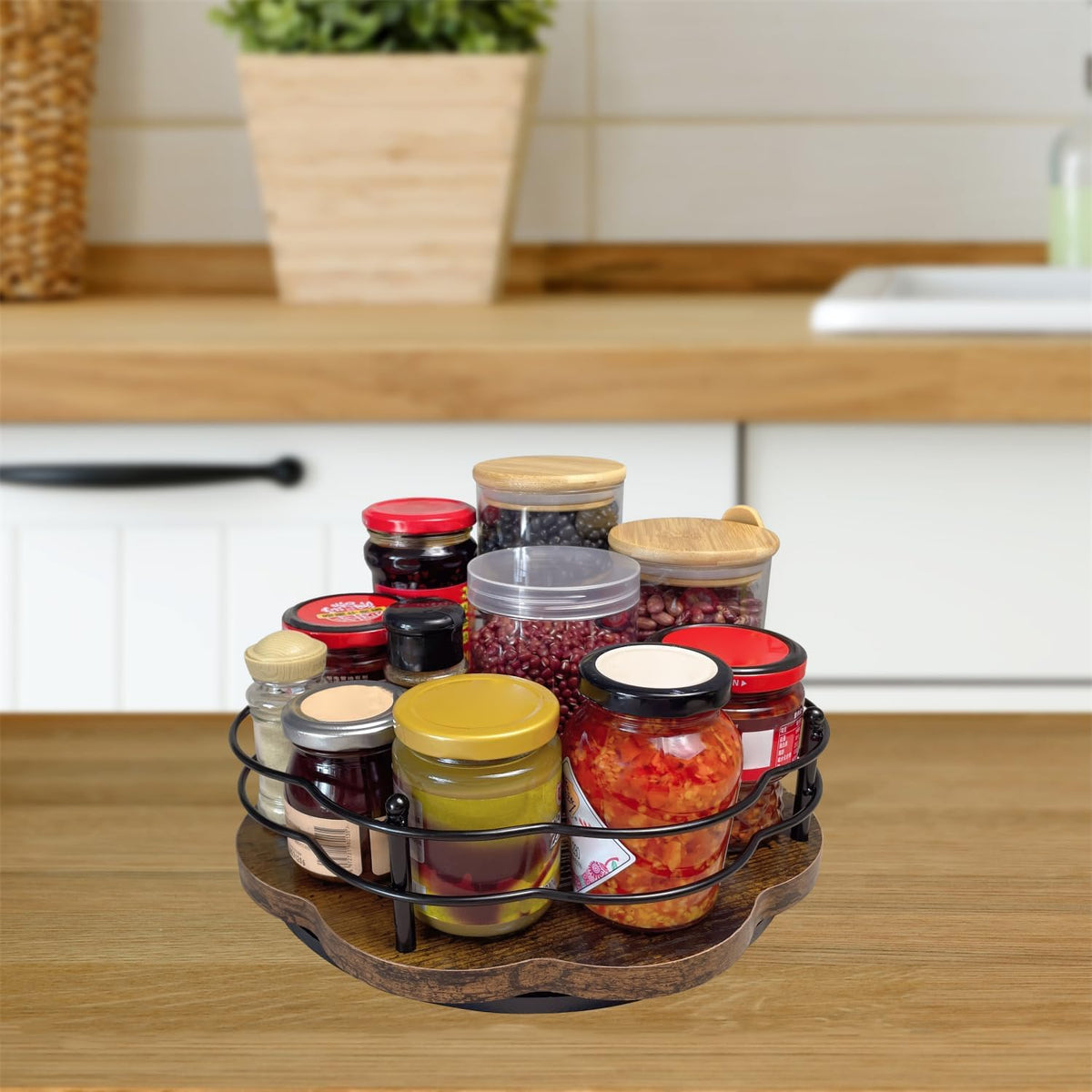 13" Lazy Susan Turntable Organizer with Higher Metal Sides, 360ยฐ Rotating Wooden Lazy Susan Organization and Storage for Cabinet,Kitchen,Countertop,Table Top,Dining Table,Coffee Bar Decor