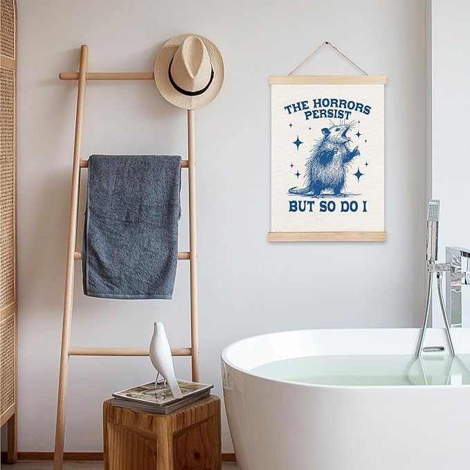 LZYRF Funny Opossum Mental Health Wall Art Poster Framed, Possum Gifts, Retro Blue Positive Affirmations Inspirational Canvas Prints Wall Decor for Therapy School Counseling Office, 12x16 Inch