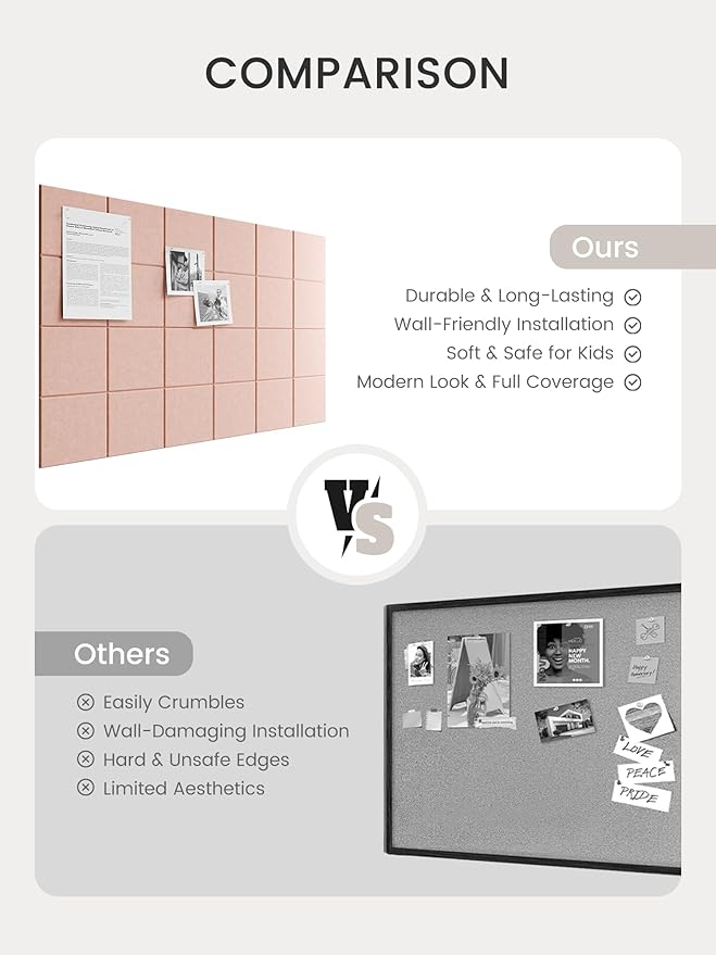 Bumusty Large Felt Bulletin Board, 36" x 24" Cork Board Alternative, 6-Pack Wall Tiles with 4-Compartment Design, 30 Push Pins, 40 Adhesive Tabs, Ideal for Office & Home Decor, Pink