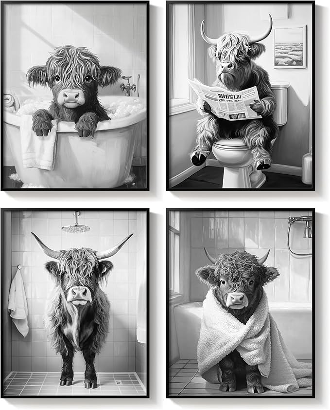 Framed Funny Highland Cow Bathroom Wall Art, 4 Piece Black and White Canvas Painting Prints, Fun Western Cow on Toilet in Bathtub Picture for Western Rustic Farmhouse Bathroom Home Decor, 11x14 Inch