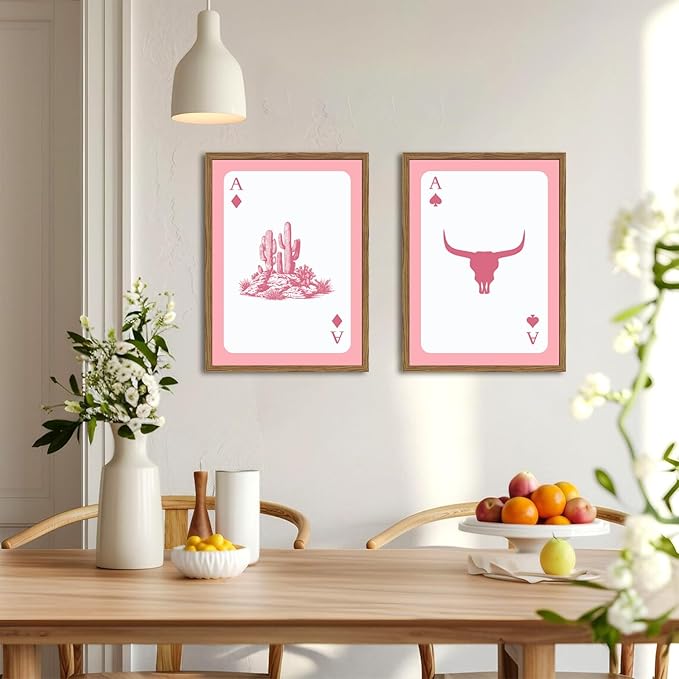 Western Wall Art Set of 3, Southwestern Cowboy Playing Card Wall Decor, Pink Longhorn Bull Skull and How Lucky are We Poster Canvas Painting Prints for Bedroom Living Room 12x16 inch Wood Framed