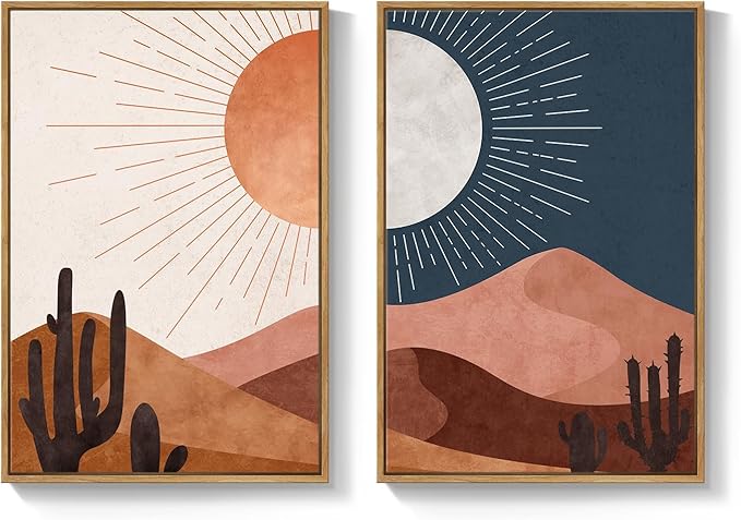 Large Framed Boho Desert Wall Art for Living Room, Set of 2 Sun and Moon Cactus Landscape Artwork, Mid Century Modern Bohemian Paintings Prints for Bedroom Home Office Hallway Wall Decor, 24x36 Inch
