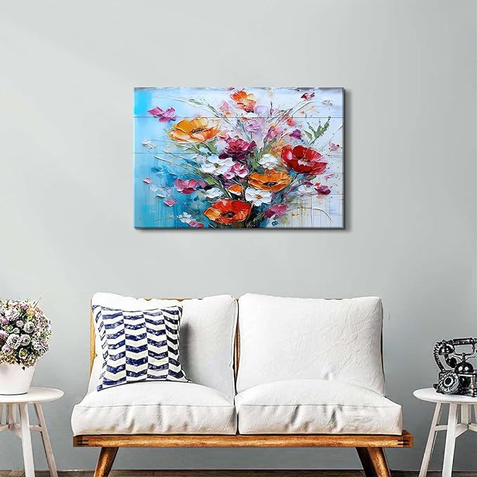 Large Wildflower Wall Art Rustic Colorful Flowers Canvas Picture for Bedroom Watercolor Floral Wall Decor Retro Poppy Flowers Prints Modern Bouquet Artwork Kitchen Living Room Home Decoration 24x36"