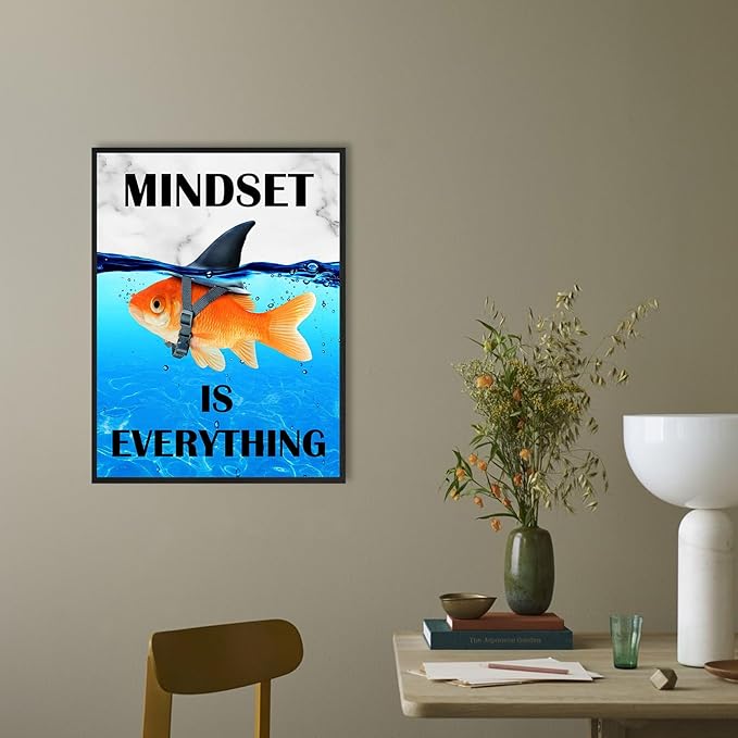 Mindset Is Everything Wall Art:Motivational Wall Decor for Office,Goldfish Prints Posters Inspirational Wall Art Framed,Uplifting Self Improvement Positive Quote Home Office Wall Art 12"x15"
