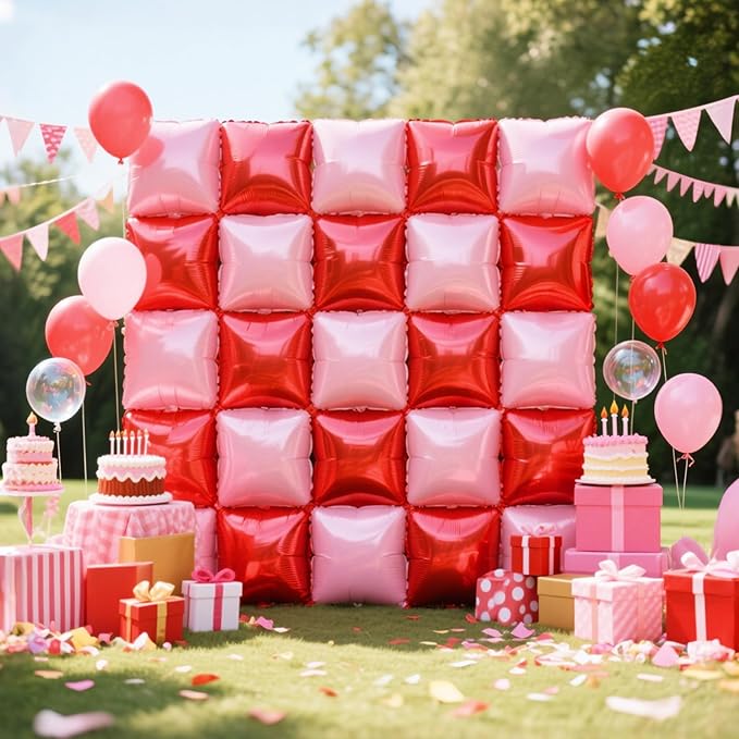 NISOCY 25PCS Red and Pearl Pink Square Foil Balloons Wall Backdrop Double Sided Red Pink Balloon Arch Kit for Birthday Bachelorette Anniversary Engagement Valentine's Day Strawberry Party Decoration
