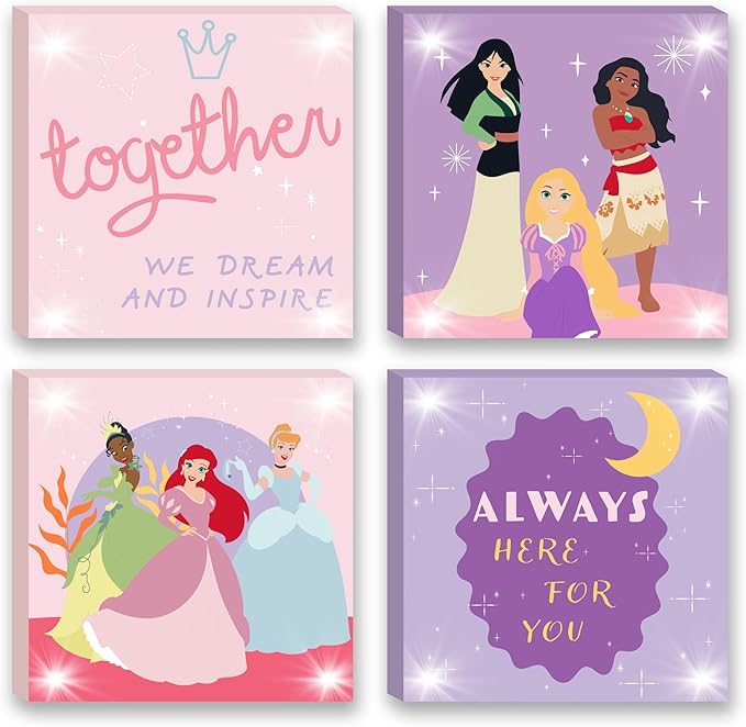 Disney Princess 4 Pack Canvas LED Wall Art Set,Childrens Wall Hanging Décor,Each Piece 11"x11"