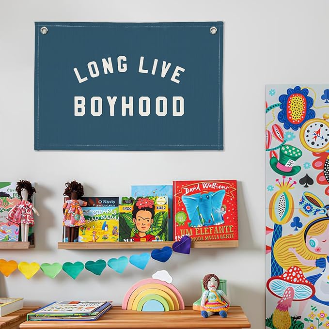 Long Live Boyhood Boys Room Decor - Linen Banner Wall Hanging Canvas Banner Flag Decor for Toddler Boy Room Nursery Playroom - Navy Blue