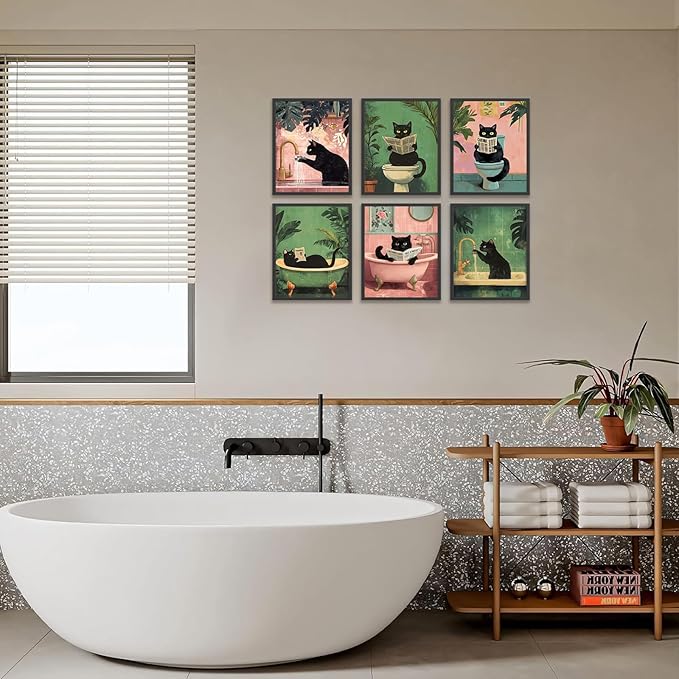 KBKBART Funny Cat Bathroom Wall Art Prints Poster, Black Cat Pictures Bathroom Canvas Wall Decor Toilet Art Vintage Painting Artwork Set of 6 Unframed Posters, 8x10 inches