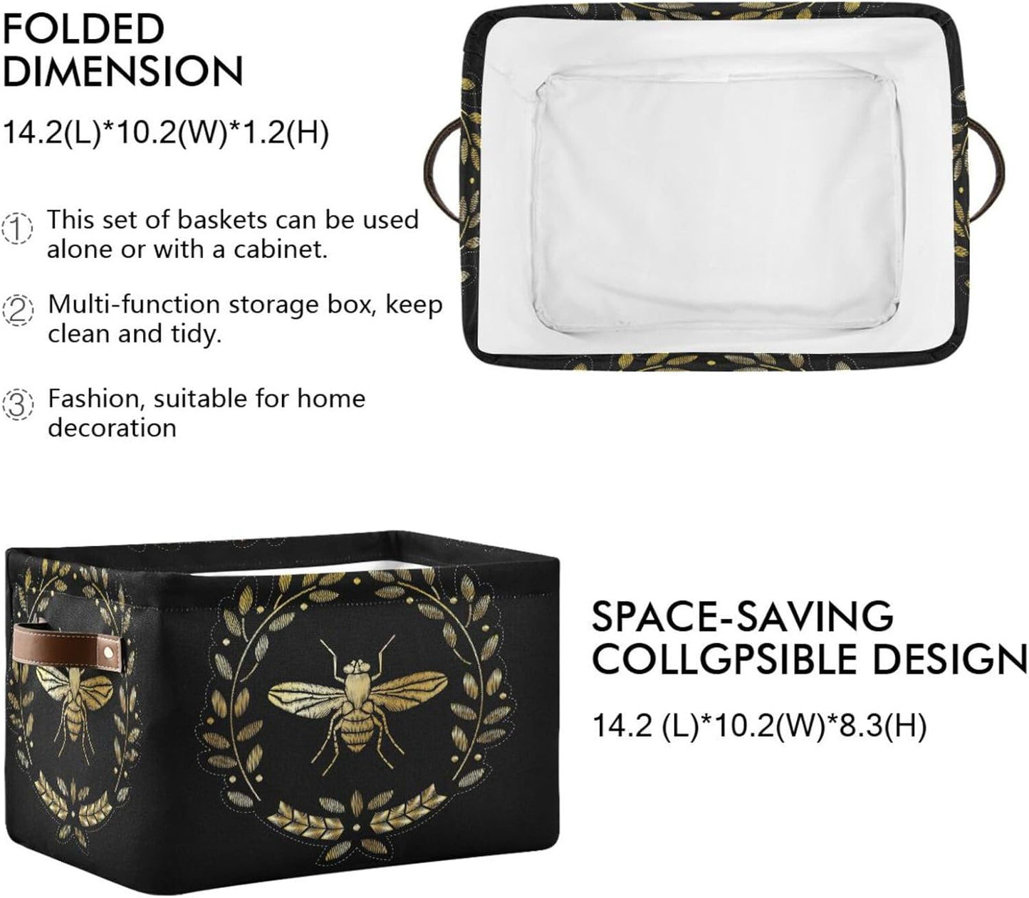 susiyo Storage Baskets for Shelves Organizer Baskets with Metal Frame Closet Storage Bins Fabric Bins Cubes with PU Handles for Organizing Shelf Nursery Toys 2 PACK,Gold Bee Floral