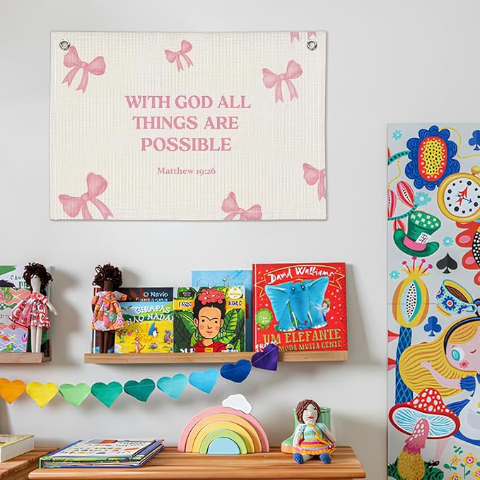Christian Wall Art "With God All Things Are Possible" 20x30 Inch - Pink Coquette Bow Banner, Girls Bedroom Decor, Linen Bible Verse Hanging, Inspirational Faith Decor, Church Nursery Sign