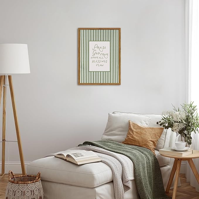 Framed Christian Wall Art, Praise God From Whom All Blessings Flow Scripture Pictures Wall Decor, Sage Green Striped Bible Verse Paintings Canvas Prints Religious Home Decor for Living Room 16x24 inch