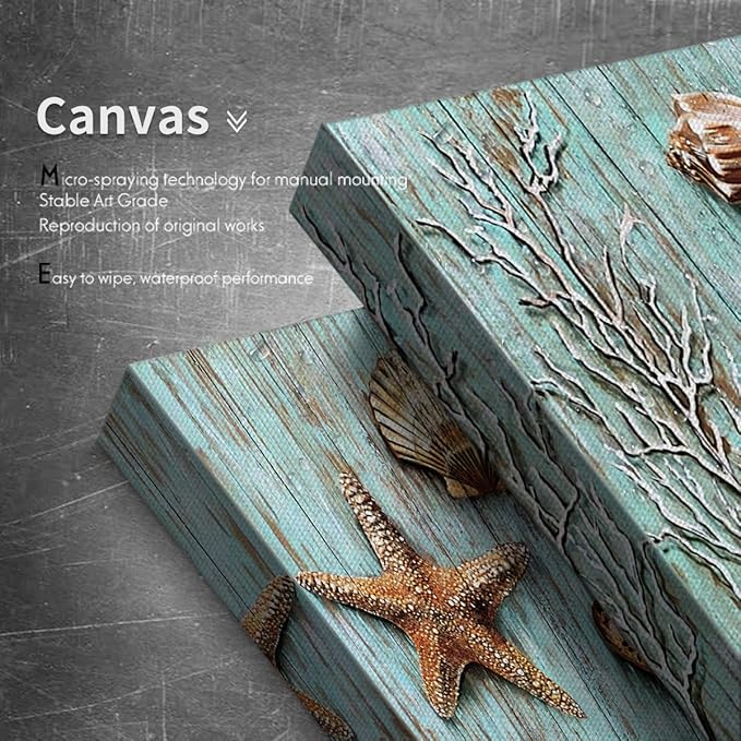 Teal Shells Wall Art Home Decor for Bathroom Shell Conch Framed Canvas Prints Cyan Sea Ocean Blue Plank Marine Life Coral Starfish Paintings Pictures Living Room Homes Decoration Set 4 Piece 20x20