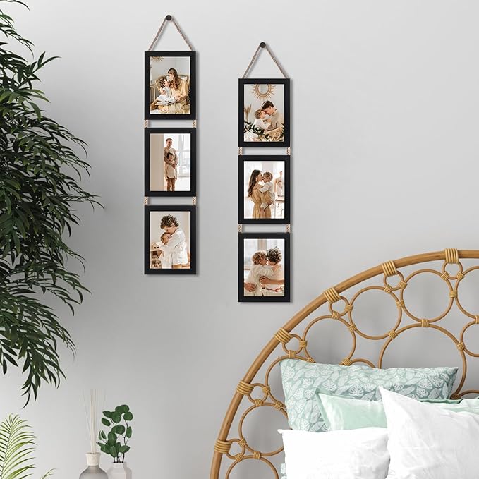 QUTREY 5x7 Collage Picture Frames Black, 6 Openings Vertical Hanging Photo Frame Set Display 5 by 7 inch Pictures for Wall Decor, 2 Pack