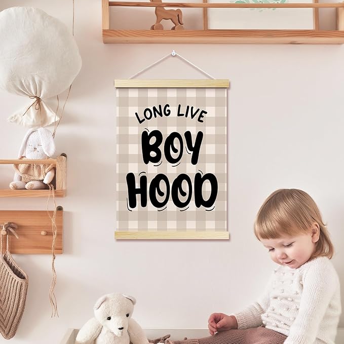 Long Live Boyhood Posters Hanger Frame for Boys Room Checkered Hanging Poster for Bedroom Kids Room Classroom Decor Wall Art Decor for Nursery Playroom Canvas Wall Art Print 16x12 Inches - YY043