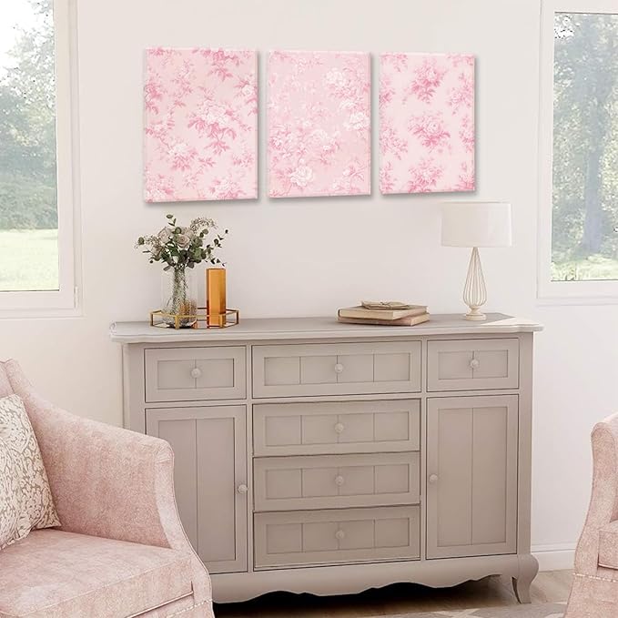 LYPHNX Framed Pink Chinoiserie Flower Canvas Wall Art light Pink Love Shack Fancy Decor Paintings Posters Set of 3 Blush Pink Painting Pictures Home Decor for bedroom Living room Bathroom 16"x24"