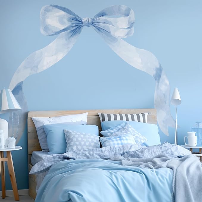59 x 45 Inch Large Boho Bow Wall Stickers Peel and Stick Coquette Girl Room Decor Large Watercolor Bow Stickers Preppy Waterproof Vinyl Decals Wall Decor for Girl Room Nursery(Pastel Blue)
