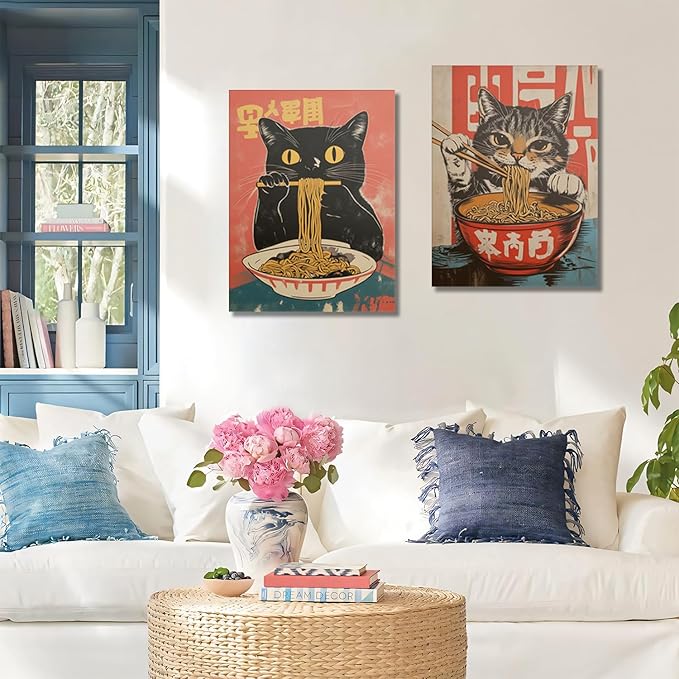 Framed Funny Black Cat Canvas Wall Art Set of 2, Vintage Japanese Cat Eating Ramen Poster, Unique Gifts and Animal Lover Printing Picture for Living Room Kitchen Dining Room Wall Decor 16x24 Inch