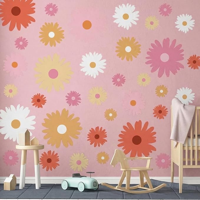 TaoBary 12 Sheet Daisy Wall Sticker Decal Removable Cute Daisy Bedroom Room Decor Flower Wall Sticker Pink White Flower Decal Wallpaper Peel and Stick for Nursery Home(Bright Color,Artsy Style)