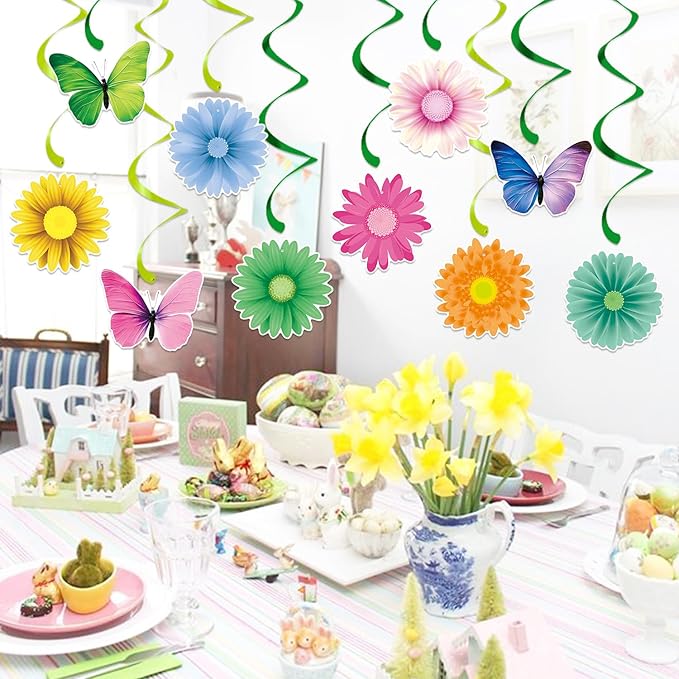 Pastel Rainbow Easter Party-Decorations Supplies - 15pcs Spring Flowers Butterflies Ceiling Hanging Swirl Banner,Home Office Streamers Garland,Outdoor Indoor Birthday Wall Backdrop Decor Burgleda