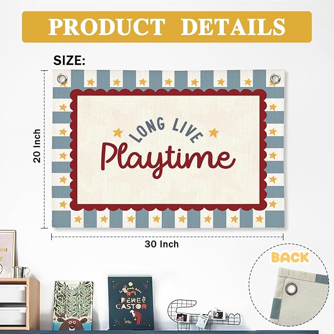 Playroom Wall Decor, Long Live Playtime Linen Canvas Banner,Toddler Playroom Decor Kids Room Nursery with Star Pattern Wall Decor for Toddler Boys Toy Room Bedroom,30x20 Inch