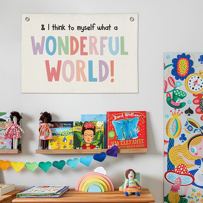 Kids Room Decor, Positive Affirmation Linen Canvas Banner, It's a Wonderful World Quote Wall Hanging Decor for Boys Girls Bedroom Nursery Playroom 20x30