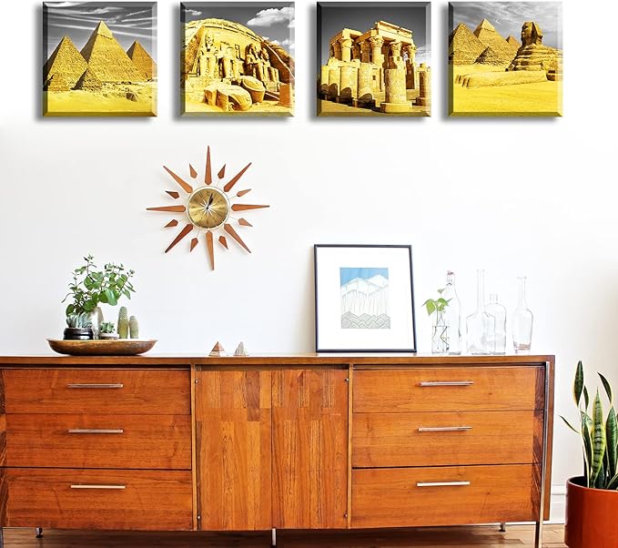DJSYLIFE Bedroom Decor Gold Wall Art Egyptian Pyramids Canvas Print Picture Gray White Posters Modern Artwork for for Living Room Bathroom Office Home Decoration Framed Ready to Hang 12"X12"X4